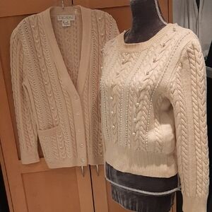 ESCADA🍦VINTAGE CreamCABLE Knit Cardigan Sweater SET PEARL EMBELLISHMENTS SZ 34
